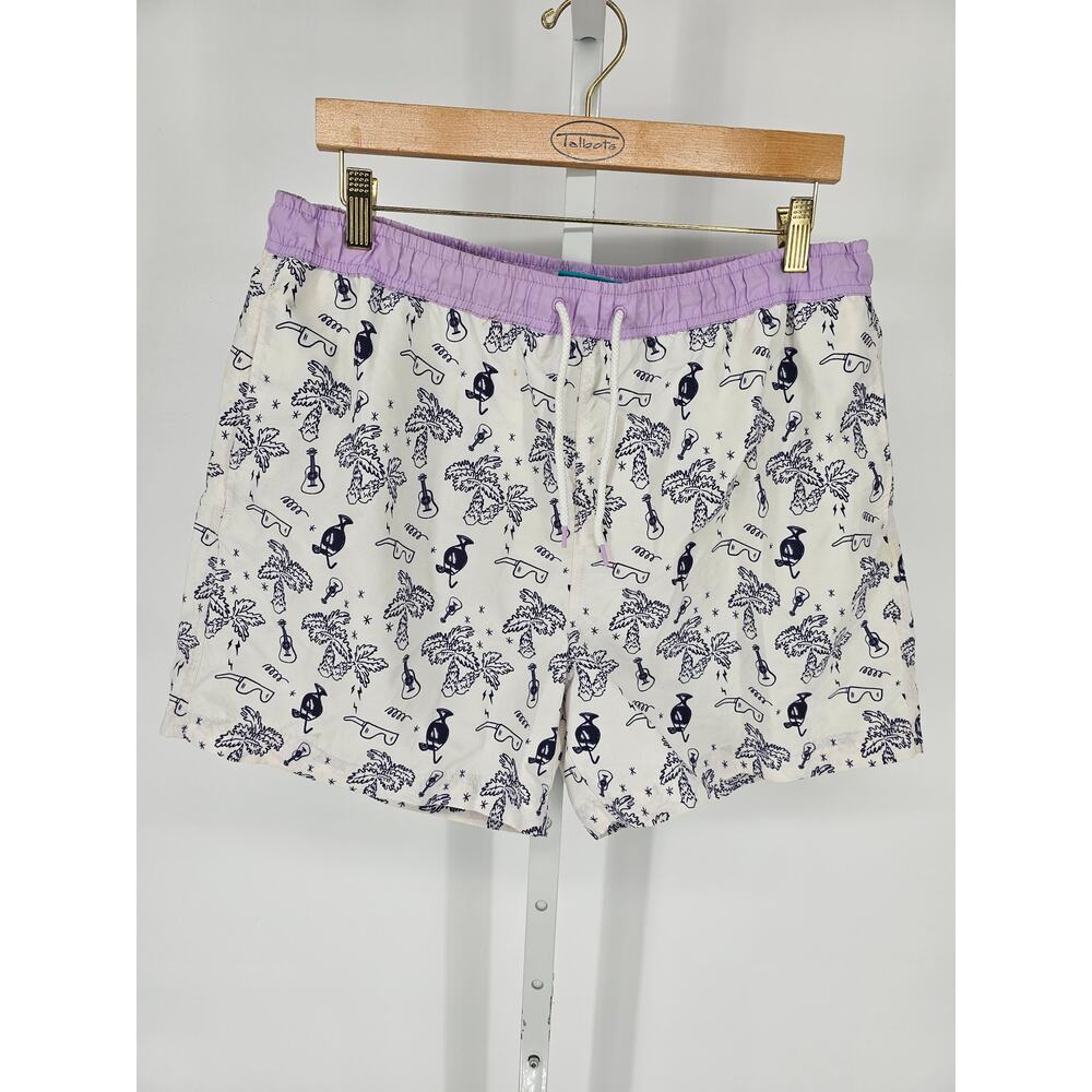 Cedarwood State Men's White Purple Mid Rise Tree Printed Swim Trunks Sz L